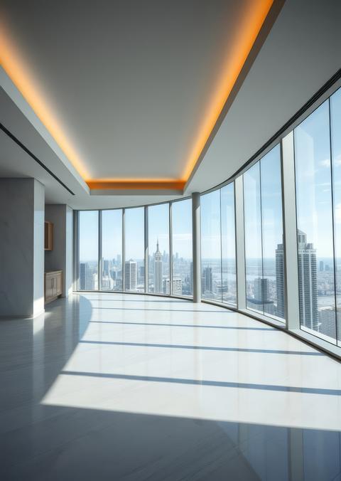 Luxury penthouse with floor-to-ceiling windows and panoramic views of the city Empty room interior
