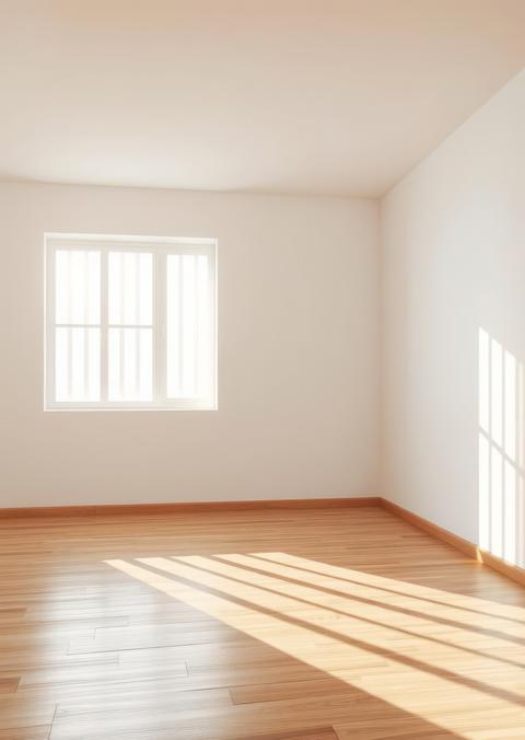 Sunlit minimalist empty room with wooden floor and vertical window slats Empty room interior design