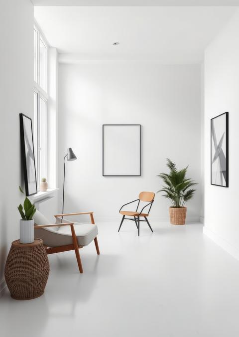 White living room design view of modern scandinavian style interior with chair and black poster