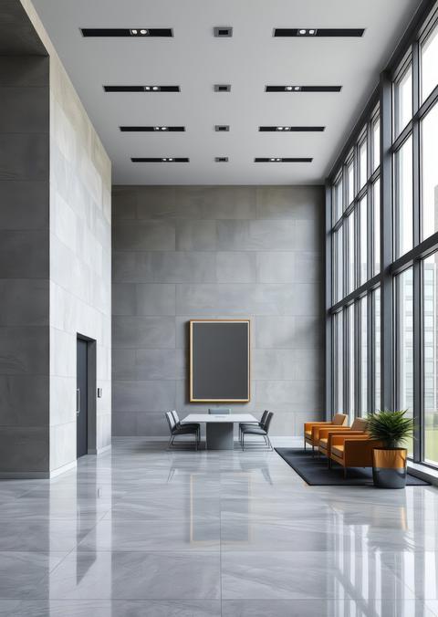 Gray office lobby and a meeting room with poster Empty room interior design Ultra realistic