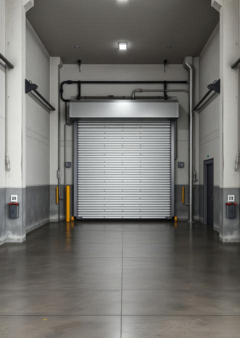 Roller door or roller shutter inside factory warehouse or industrial building modern interior design