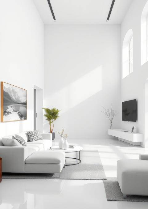 White living room and dining room corner Empty room interior design Ultra realistic Photorealistic
