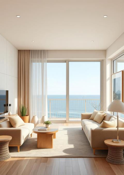 Beige textile and light oak wood furniture interior of modern living room interior with workplace