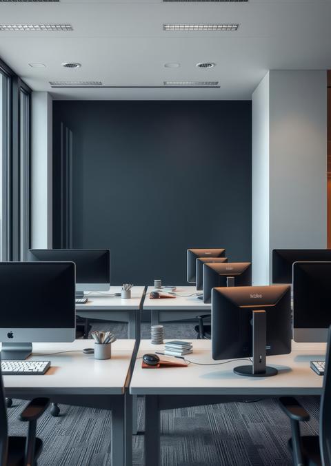 Office workplace interior with pc desktop on tables in row window mockup wall Empty room interior