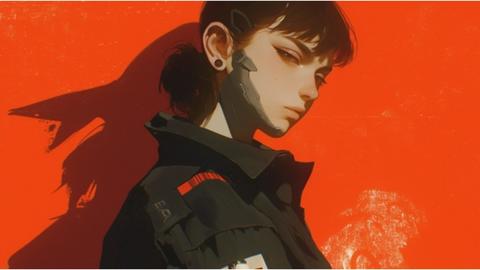 Silent Gaze of the Cyborg Girl | Red Shadow Backdrop
