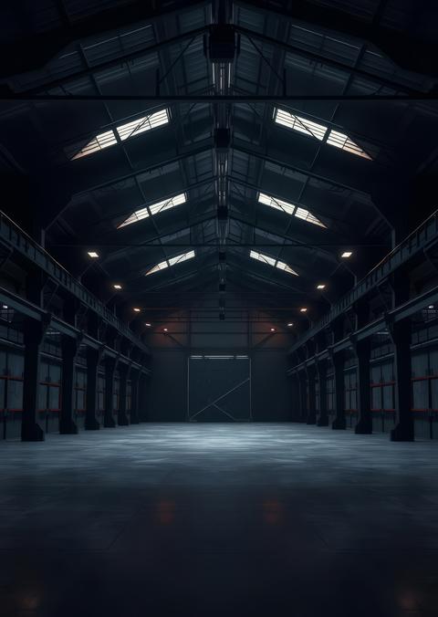 Dramatic dark warehouse interior with matte black infrastructure and moody theatrical lighting