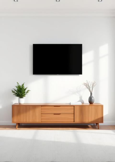 3d rendering of a mockup black screen tv hanging on a white wall in a minimal modern living room