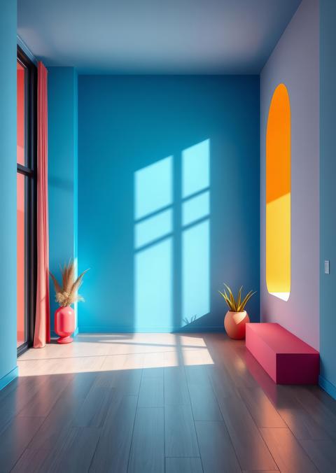 Interior room mock-up in vibrant colors and geometric shapes empty wall and soft light Empty room