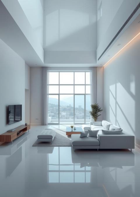 White living room with sofa balcony and tv Empty room interior design Ultra realistic Photorealistic