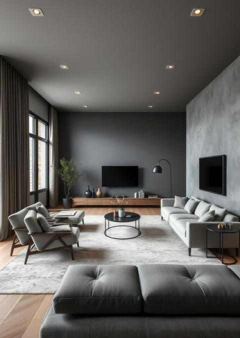 Livingroom in dark gray and taupe colors furniture gray empty design house interior Empty room