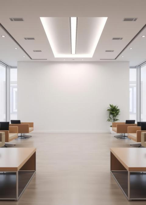 9 a clean professional office space with an empty wall in the center framed by modern furniture