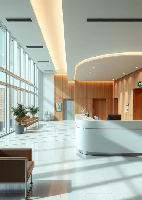 Hospital reception desk and waiting room Empty room interior design Ultra realistic Photorealistic