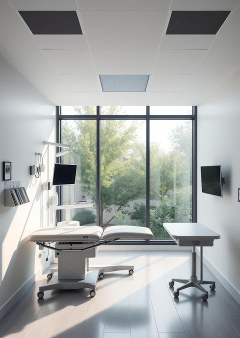 Modern medical examination room with adjustable bed and large window Empty room interior design
