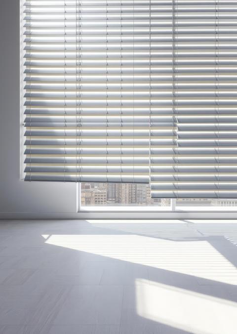 Sleek aluminum venetian blinds tilted open allowing soft light to filter through casting intricate