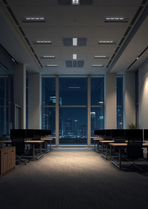 Empty office at night Empty room interior design Ultra realistic Photorealistic