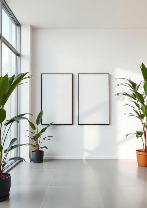 Two blank vertical posters on a white wall in a modern room with plants and large windows Empty room