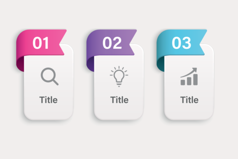 Three ribbon style vertical infographic step cards
