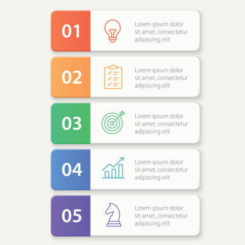 Numbered step infographic with business icons and color panels