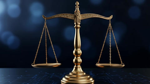 A scale and a circuit board symbolizing law and technology