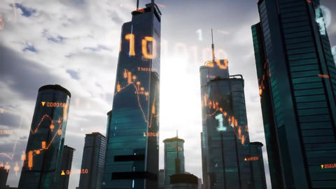 Cityscape stock data overlay modern buildings cloudy sky reflecting technology finance integration