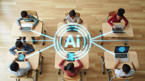 Diverse children using laptops tablets classroom AI graphic centralized connection blonde wood desks