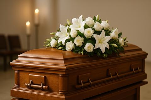 Wooden coffin adorned with white flowers and lilies at a funeral service with candles in the