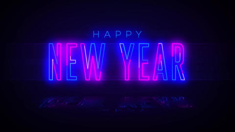 2021 Happy New Year Realistic Neon Bright Glowing Animation on Black Background. Abstract Shiny
