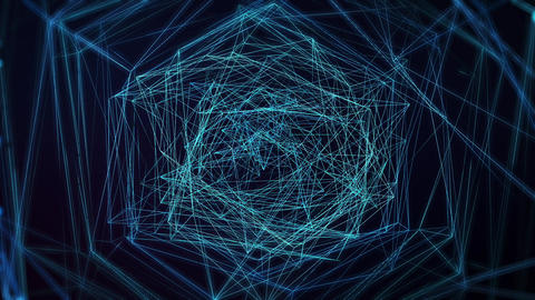 3d Render Geometric Background Animation with Blue Swirling Triangle Design. Abstract Polygonal