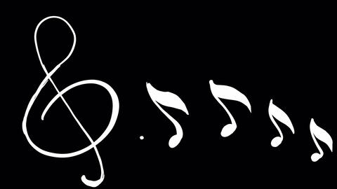Treble clef and white notes fill the black screen in 4K with alpha
