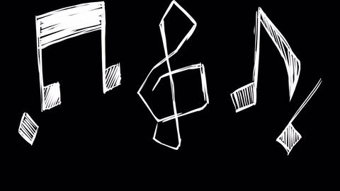 Cartoon notes and treble clef rise from the bottom on black screen