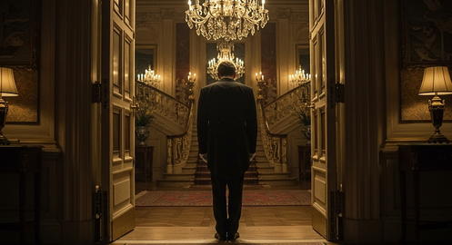 A distinguished butler is opening a luxurious wooden door
