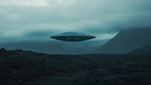 Sci-fi spaceship in scenic mountain landscape