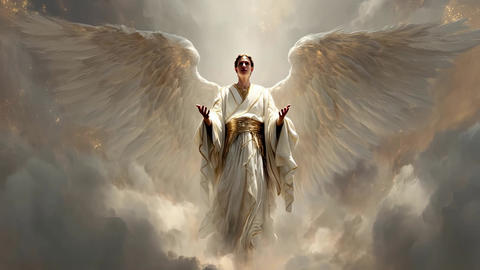 A Majestic Angel with Beautiful Wings Gracefully Surrounded by Soft Clouds