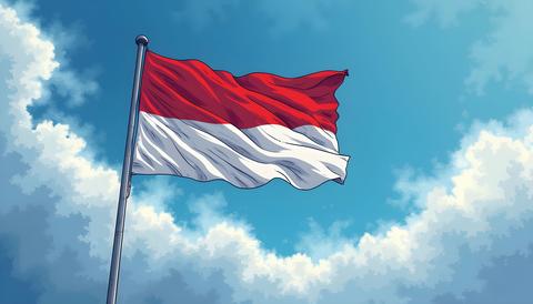 Indonesian flag waving against a blue sky with clouds during a sunny day in