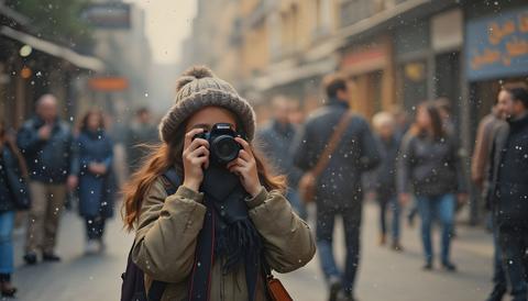 Young woman capturing street moments during snowfall in a busy urban area filled