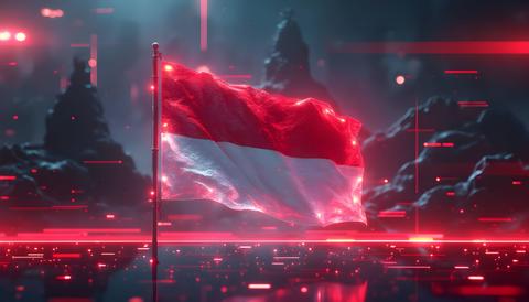 Indonesian flag displayed with glowing effects in a futuristic environment at