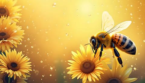 Bees collecting nectar from sunflowers under warm sunlight in a vibrant garden