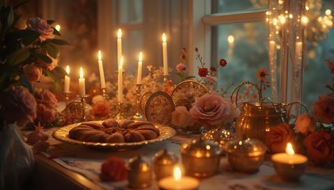 Elegant table setting with candles, flowers, and desserts creating a warm