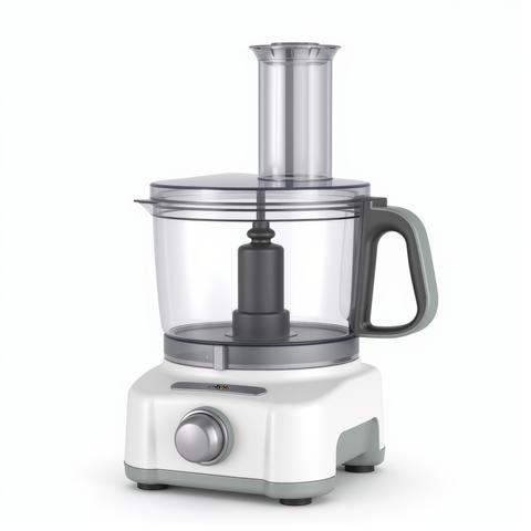 In a 3D rendering a sleek white kitchen food processor stands proudly against a transparent PNG