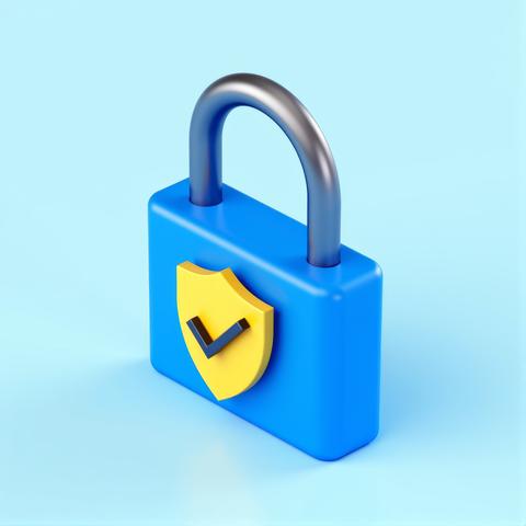 A 3D illustration showcases a vibrant blue padlock its yellow shield and checkmark emblazoned upon