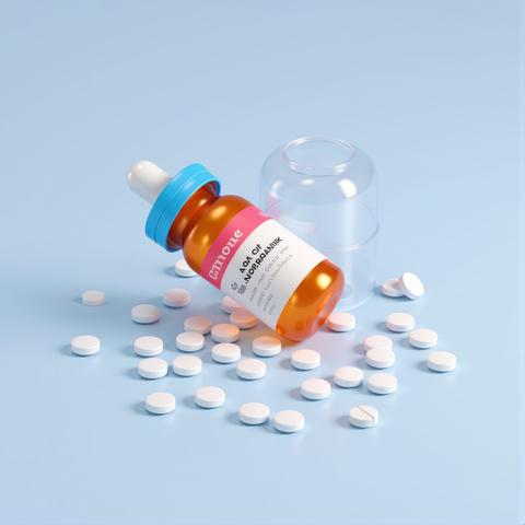 A vibrant three-dimensional medical bottle its label adorned with a translucent film rests
