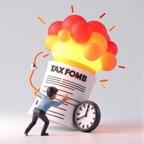 A 3D model of a bomb exploding from a tax form billows in a dramatic transparent PNG background