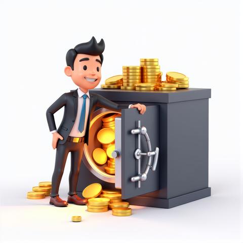 In a 3D digital realm a smiling man in sharp office attire confidently interacts with a towering