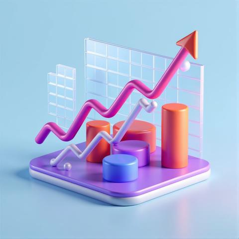 A vibrant three-dimensional stock market iconography showcasing upward trends against a transparent
