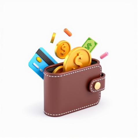 A 3D icon of a playfully overflowing wallet adorned with a credit card and gold coin against a