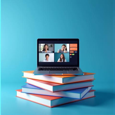 In a sleek futuristic setting a laptop sits atop a stack of towering books its screen displaying an