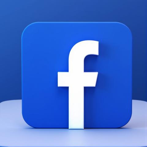 A 3D Facebook logo a vibrant blue square with a white "f" stands against a gradient background that