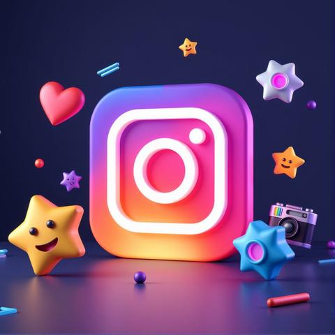 An Instagram logo backdrop adorned with a vibrant emoji such as a heart star or camera floats amidst