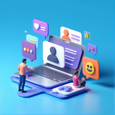 A vibrant 3D illustration of a futuristic social media platform where users connect through