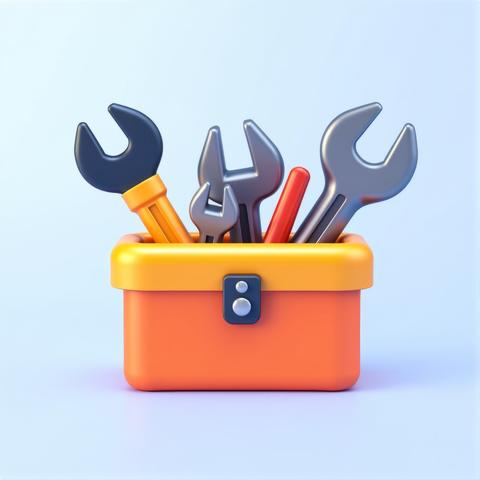 A vibrant toolbox icon rendered in 3D with transparency stands as a symbol of craftsmanship and